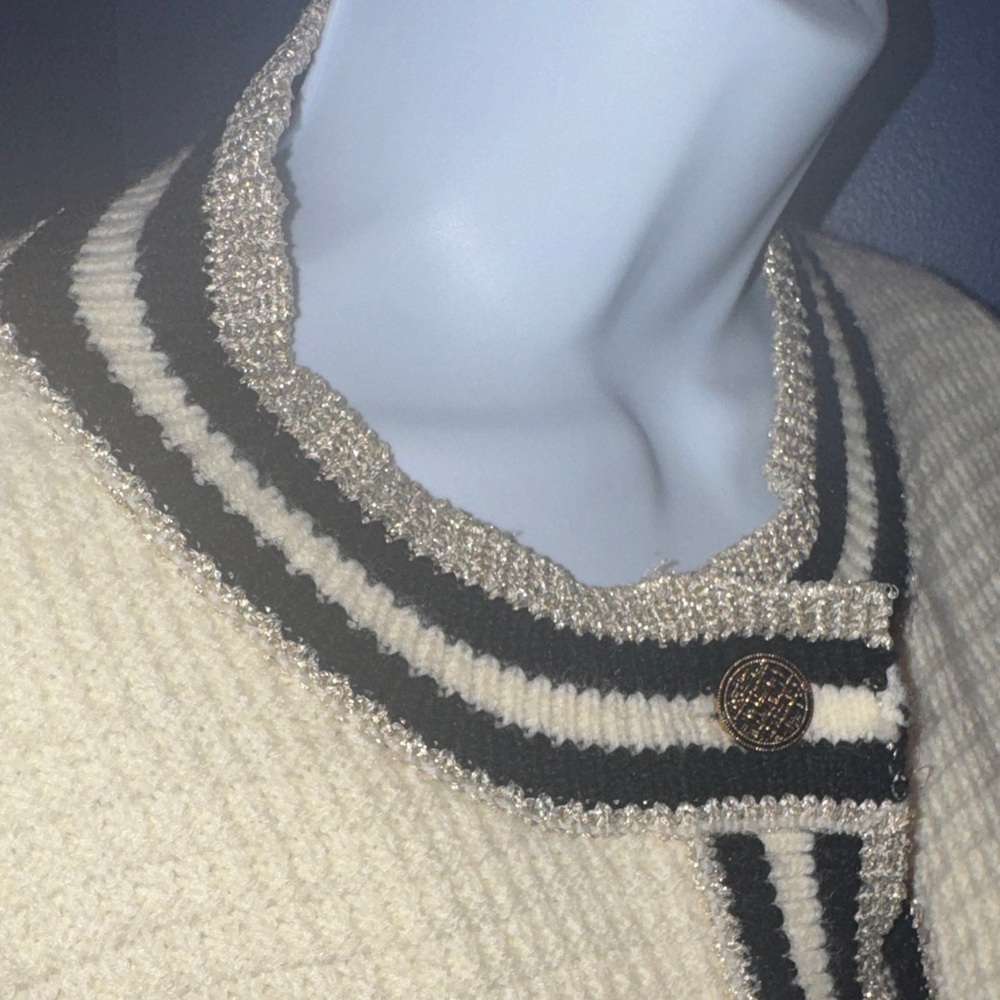 Cream & Black Waffle Knit Cardigan Sweater – Size Small - Picture 6 of 13